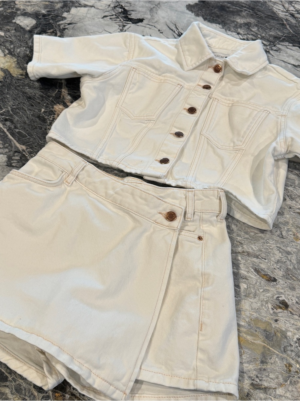 Zara - Cream Denim Co-Ord Set - Cropped Jacket & Skort - XS - Never Worn